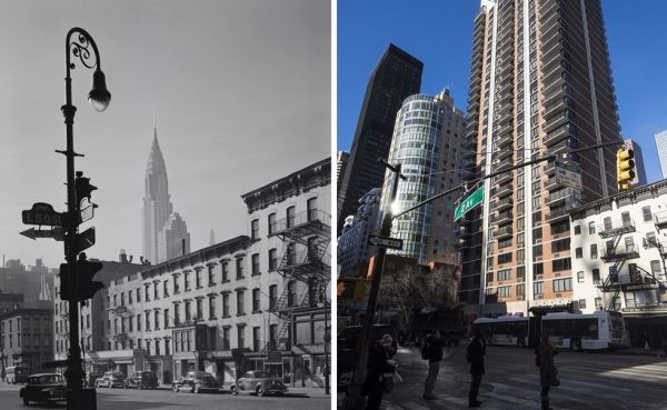 纽约第二大道和东50街交汇处今昔对比图。1946年拍摄的图中还能看到克莱斯勒大厦，而70年后，这里已被其他建筑遮挡。